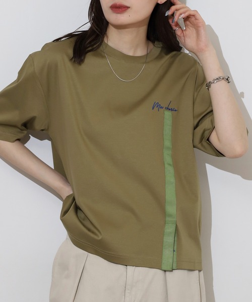 BRODIAEA(ブローディア)の「BRODIAEA テープリボンスリット半袖Tシャツ(Tシャツ/カットソー・レディース・ブラック/マスタード/オフホワイト/カーキ・40)」の3枚目の写真