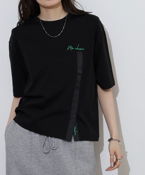 BRODIAEA(ブローディア)の「BRODIAEA テープリボンスリット半袖Tシャツ(Tシャツ/カットソー・レディース・ブラック/マスタード/オフホワイト/カーキ・40)」の7枚目の写真