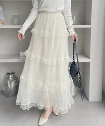 ウエストゴムでお洒落なのにストレスフリー♪レース 切り替え プリーツティアードスカート