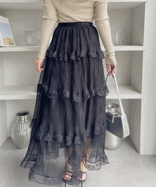 TREOVER(トレオーバー)の「ウエストゴムでお洒落なのにストレスフリー♪レース 切り替え プリーツティアードスカート(スカート・レディース・ブラック/オフホワイト/ナチュラル・FREE)」の14枚目の写真