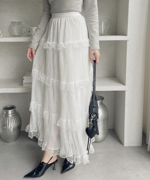 TREOVER(トレオーバー)の「ウエストゴムでお洒落なのにストレスフリー♪レース 切り替え プリーツティアードスカート(スカート・レディース・ブラック/オフホワイト/ナチュラル・FREE)」の11枚目の写真