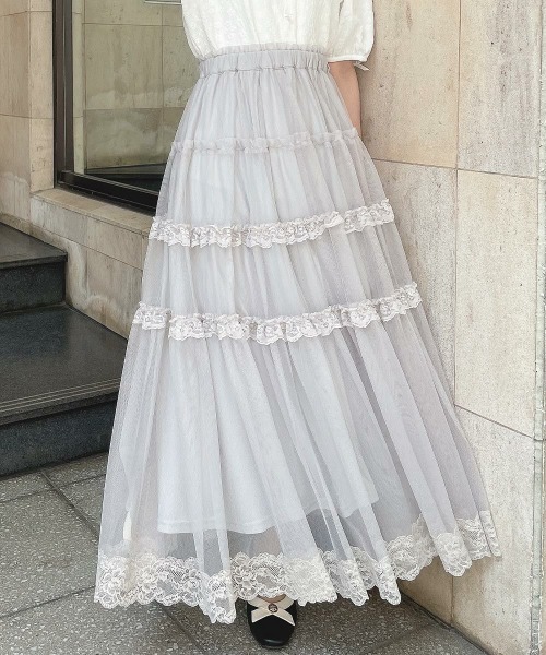 an another angelus（アンアナザーアンジェラス）の「レースフリルチュールスカート/ fint　フィント　夏服（スカート・レディース・チャコールグレー/オフホワイト/ライトグレー・FREE）」の3枚目の写真