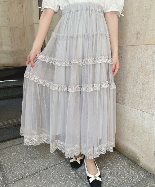 an another angelus（アンアナザーアンジェラス）の「レースフリルチュールスカート/ fint　フィント　夏服（スカート・レディース・チャコールグレー/オフホワイト/ライトグレー・FREE）」の5枚目の写真