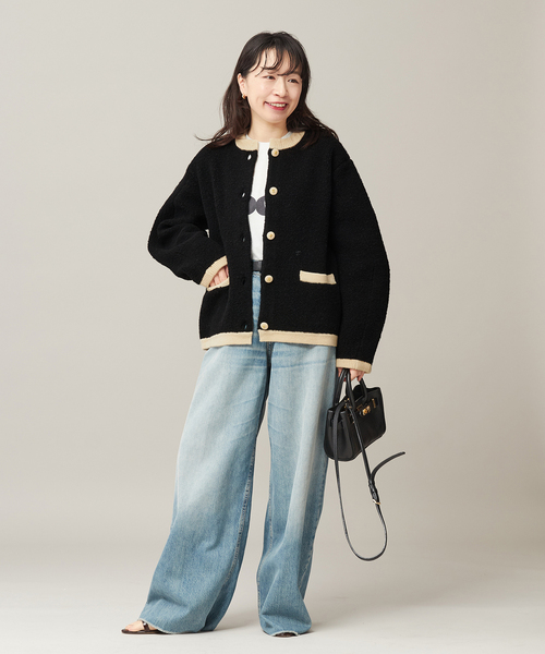 journal standard L'essage（ジャーナルスタンダードレサージュ）の「《SP》【金子綾さん着用】バイカラーボアカーディガン（カーディガン/ボレロ・レディース・ブラック/アイボリー・FREE）」の3枚目の写真