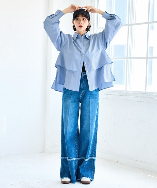 VIS(ビス)の「裾ティアードオーバーシャツ/UVケア・イージーケア(シャツ/ブラウス・レディース・ホワイト/ダークブラウン/ライトグリーン/サックスブルー・FREE)」の7枚目の写真