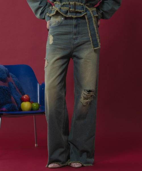 Damage wide denim pants - ダメージワイドデニムパンツ -