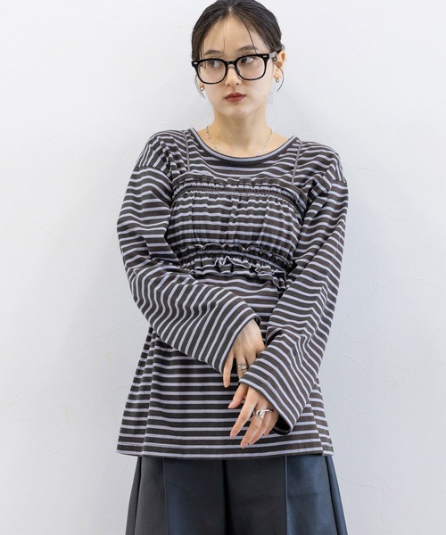 RAGEBLUE（レイジブルー）の「フリルビスチェセット/ウエストタックルーズボーダープルオーバー（Tシャツ/カットソー・レディース・グレー/ダークグレー・FREE）」の2枚目の写真