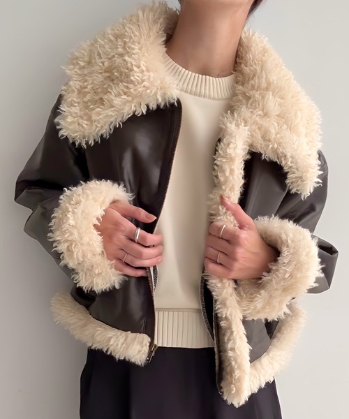 ジュノア（JUNOAH）/プードルファーショートPUレザージャケット セール】プードルファーショートPUレザージャケット（ムートンコート