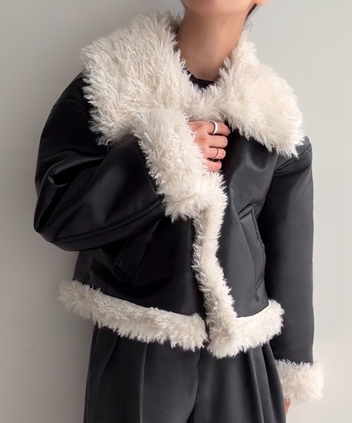 JUNOAH（ジュノア）の「プードルファーショートPUレザージャケット（ムートンコート・レディース・ダークブラウン/ブラック・SMALL/MEDIUM/LARGE）」の3枚目の写真