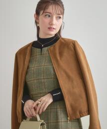 couture brooch | 【通勤・大人上品】スエード調ダンボール ノーカラージャケット(ブルゾン)