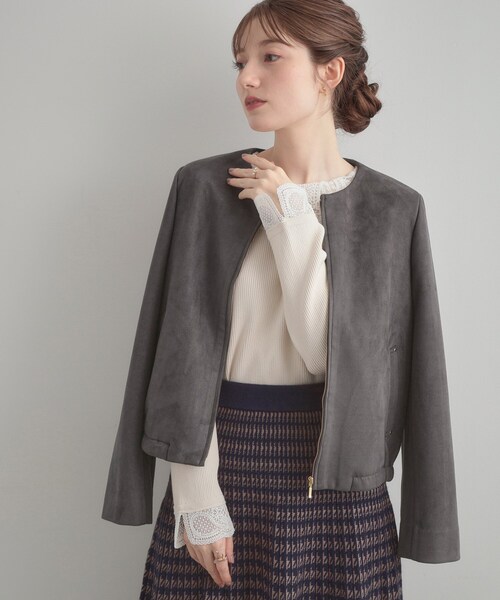 通勤・大人上品】スエード調ダンボール ノーカラージャケット