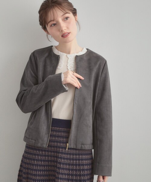 couture brooch（クチュールブローチ）の「【通勤・大人上品】スエード調ダンボール ノーカラージャケット（ブルゾン・レディース・キャメル/ライトグレー/チャコールグレー・40/38/36/42）」の10枚目の写真