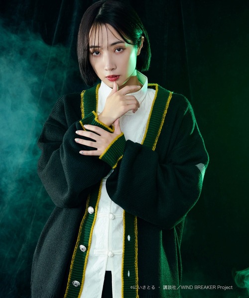 Ellino Loset 緑と白のカーディガン チャイナカーディガン ニットカーディガン あぜ編み 可愛い レディース