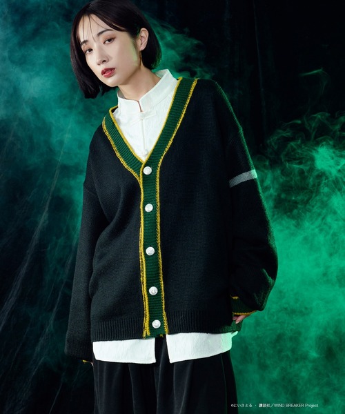 Ellino Loset 緑と白のカーディガン チャイナカーディガン ニットカーディガン あぜ編み 可愛い レディース