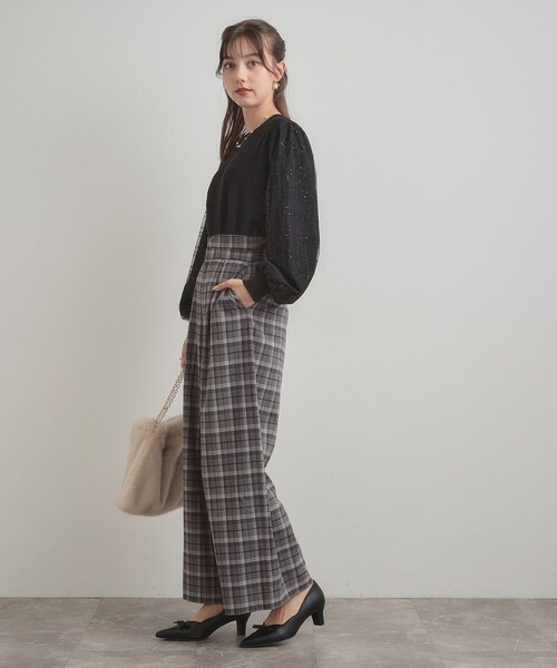 couture brooch（クチュールブローチ）の「【大人可愛い】起毛先染めチェック柄 スカラウエスト ワイドパンツ（その他パンツ・レディース・ブラウン系その他2/グレー系1・36/38/40/42）」の16枚目の写真