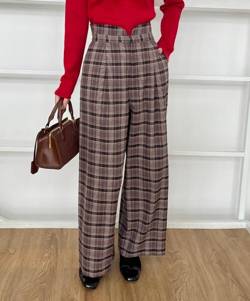 couture brooch（クチュールブローチ）の「【大人可愛い】起毛先染めチェック柄 スカラウエスト ワイドパンツ（その他パンツ・レディース・ブラウン系その他2/グレー系1・36/38/40/42）」の4枚目の写真