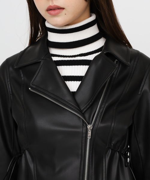黒 合成皮革 ペプラムライダースジャケット ペプラム フェイクレザー ライダースジャケット[品番：MKSW0054985