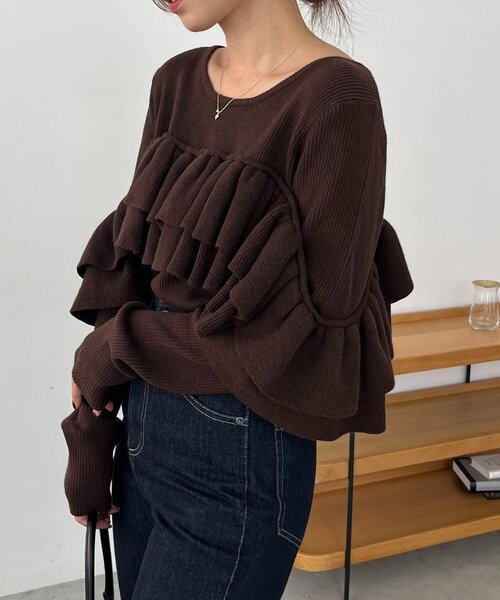 CAPRICIEUX LE'MAGE（カプリシューレマージュ）の「【2WAY】ベアフリルニット（ニット/セーター・レディース・ブラウン/オフホワイト/ブラック・FREE）」の18枚目の写真