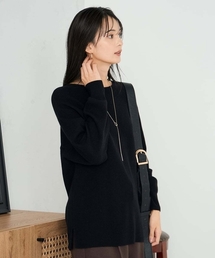 【洗える】切替ボートネックチュニックニット