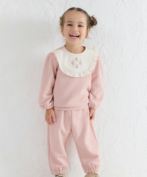 【セットアップ】ポプリンジャカードフリル長袖トップス＆パンツ