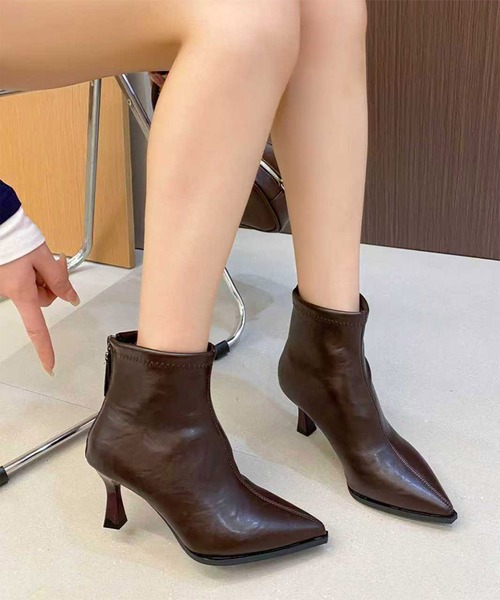 LOWO(ロワ)の「ショートブーツ ヒール レディース ブラウン ブーティ 歩きやすい ポインテッドトゥ ジップアップ(ブーツ・レディース・ブラック/ブラウン・40/38/39/36/37)」の1枚目の写真