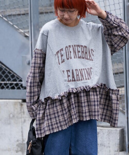 etsinta（エシンタ）の「【etsinta/エシンタ】リメイクチェックフリルtee（Tシャツ/カットソー・レディース・チャコールグレー/ブラウン・ONE SIZE）」の3枚目の写真