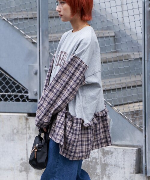 etsinta（エシンタ）の「【etsinta/エシンタ】リメイクチェックフリルtee（Tシャツ/カットソー・レディース・チャコールグレー/ブラウン・ONE SIZE）」の5枚目の写真