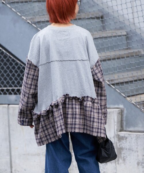 etsinta（エシンタ）の「【etsinta/エシンタ】リメイクチェックフリルtee（Tシャツ/カットソー・レディース・チャコールグレー/ブラウン・ONE SIZE）」の7枚目の写真