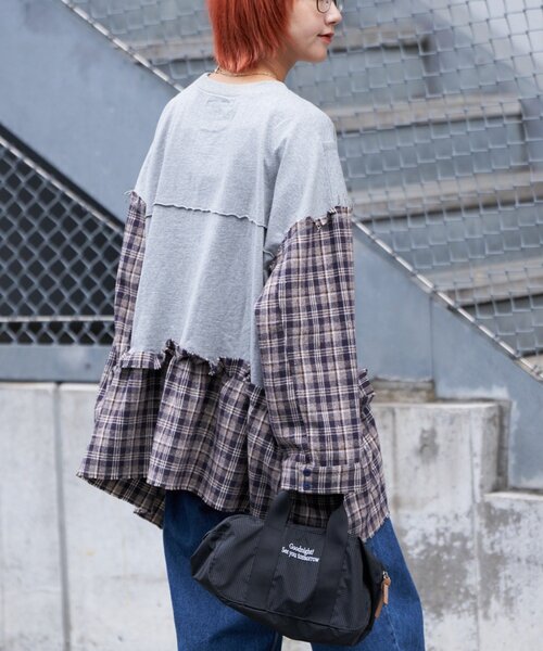 etsinta（エシンタ）の「【etsinta/エシンタ】リメイクチェックフリルtee（Tシャツ/カットソー・レディース・チャコールグレー/ブラウン・ONE SIZE）」の8枚目の写真