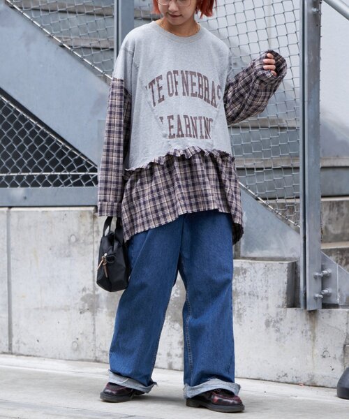 etsinta（エシンタ）の「【etsinta/エシンタ】リメイクチェックフリルtee（Tシャツ/カットソー・レディース・チャコールグレー/ブラウン・ONE SIZE）」の9枚目の写真