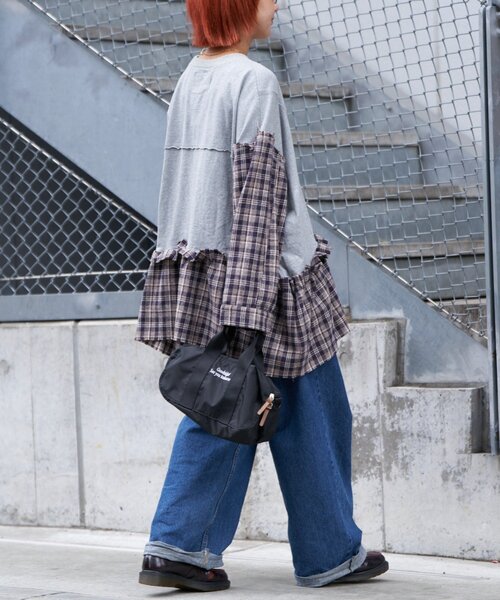 etsinta（エシンタ）の「【etsinta/エシンタ】リメイクチェックフリルtee（Tシャツ/カットソー・レディース・チャコールグレー/ブラウン・ONE SIZE）」の11枚目の写真