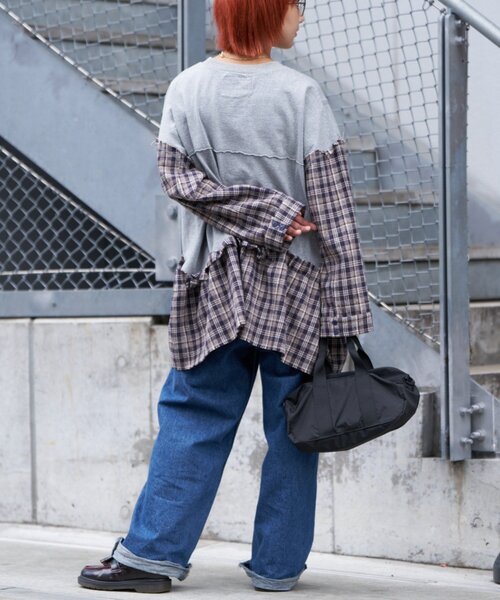 etsinta（エシンタ）の「【etsinta/エシンタ】リメイクチェックフリルtee（Tシャツ/カットソー・レディース・チャコールグレー/ブラウン・ONE SIZE）」の12枚目の写真