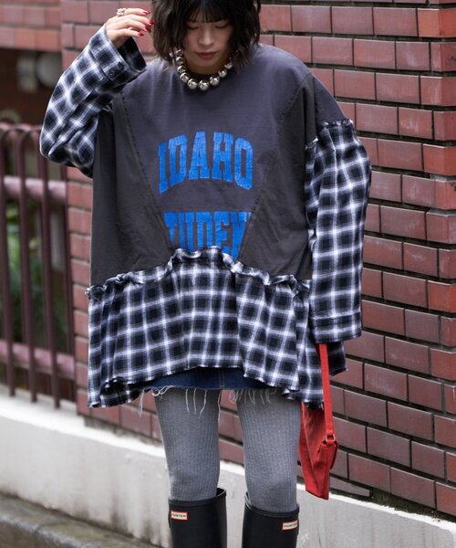 etsinta（エシンタ）の「【etsinta/エシンタ】リメイクチェックフリルtee（Tシャツ/カットソー・レディース・チャコールグレー/ブラウン・ONE SIZE）」の13枚目の写真