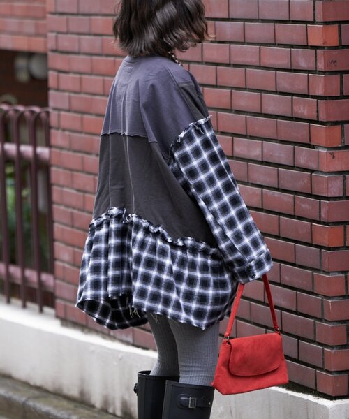 etsinta（エシンタ）の「【etsinta/エシンタ】リメイクチェックフリルtee（Tシャツ/カットソー・レディース・チャコールグレー/ブラウン・ONE SIZE）」の14枚目の写真