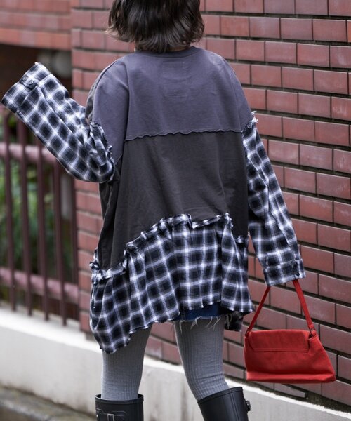 etsinta（エシンタ）の「【etsinta/エシンタ】リメイクチェックフリルtee（Tシャツ/カットソー・レディース・チャコールグレー/ブラウン・ONE SIZE）」の15枚目の写真