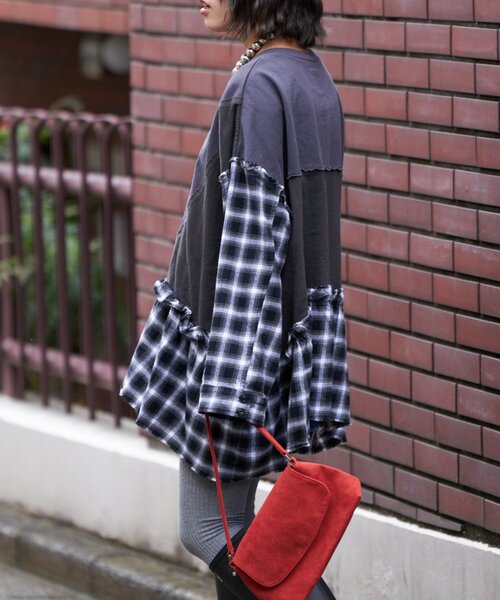 etsinta（エシンタ）の「【etsinta/エシンタ】リメイクチェックフリルtee（Tシャツ/カットソー・レディース・チャコールグレー/ブラウン・ONE SIZE）」の16枚目の写真