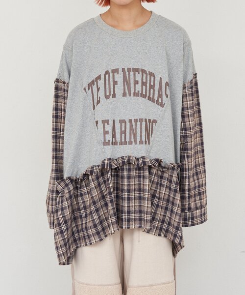 etsinta（エシンタ）の「【etsinta/エシンタ】リメイクチェックフリルtee（Tシャツ/カットソー・レディース・チャコールグレー/ブラウン・ONE SIZE）」の22枚目の写真