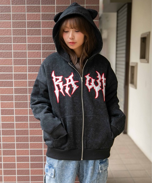 セール】《ねこみみフード×ロゴインパクト》レディース 裏起毛 ジップ