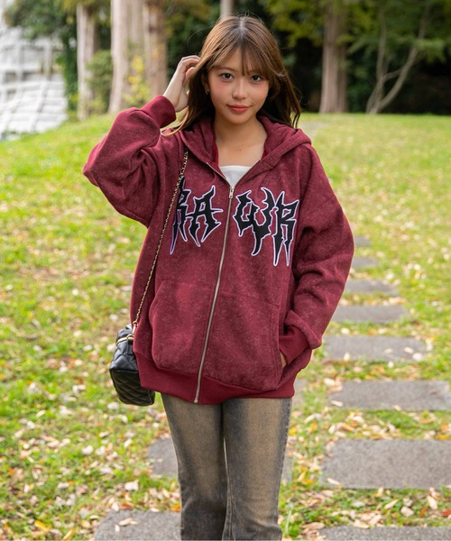 セール】《ねこみみフード×ロゴインパクト》レディース 裏起毛 ジップ