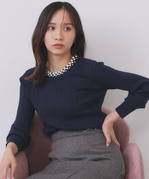 セール】パール調ネックケーブルニット【洗濯機OK】（ニット/セーター
