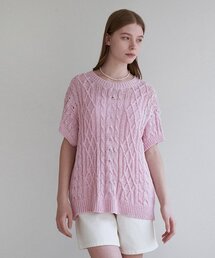 バックポイント半袖ニット - ピンク
