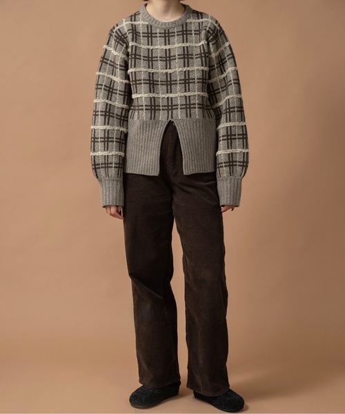 lawgy（ラウジー）の「mix pattern bicolor check rib knit / ミックスパターンバイカラーチェックリブニット（ニット/セーター・レディース・モカ/ホワイト×グレー/グレー・FREE）」の5枚目の写真