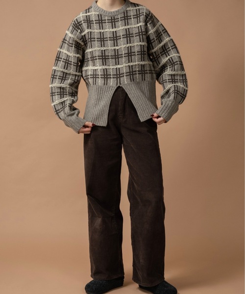 lawgy（ラウジー）の「mix pattern bicolor check rib knit / ミックスパターンバイカラーチェックリブニット（ニット/セーター・レディース・モカ/ホワイト×グレー/グレー・FREE）」の6枚目の写真