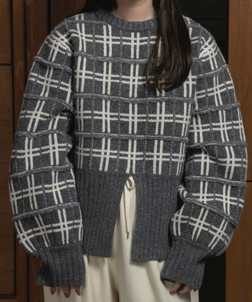 lawgy（ラウジー）の「mix pattern bicolor check rib knit / ミックスパターンバイカラーチェックリブニット（ニット/セーター・レディース・モカ/ホワイト×グレー/グレー・FREE）」の12枚目の写真