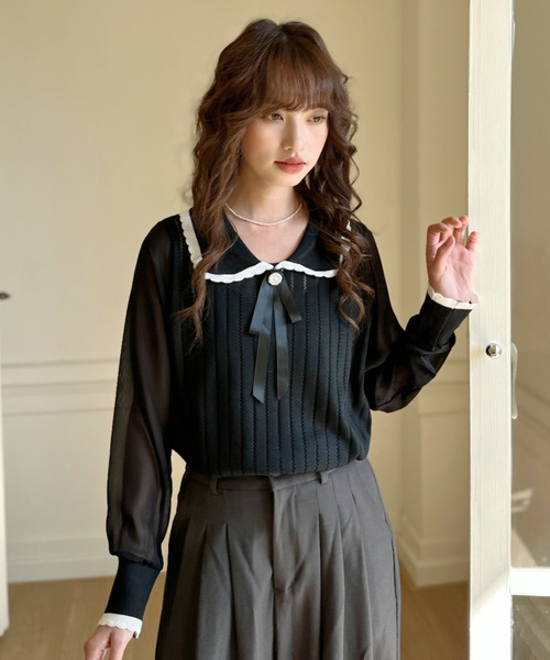 Ada.(エイダ)の「配色襟 レトロ リボン付き ニット トップス(ニット/セーター・レディース・ホワイト/ブラック・FREE)」の2枚目の写真