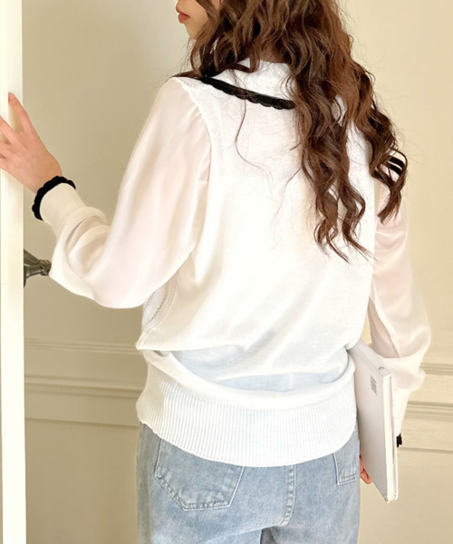 Ada.(エイダ)の「配色襟 レトロ リボン付き ニット トップス(ニット/セーター・レディース・ホワイト/ブラック・FREE)」の10枚目の写真