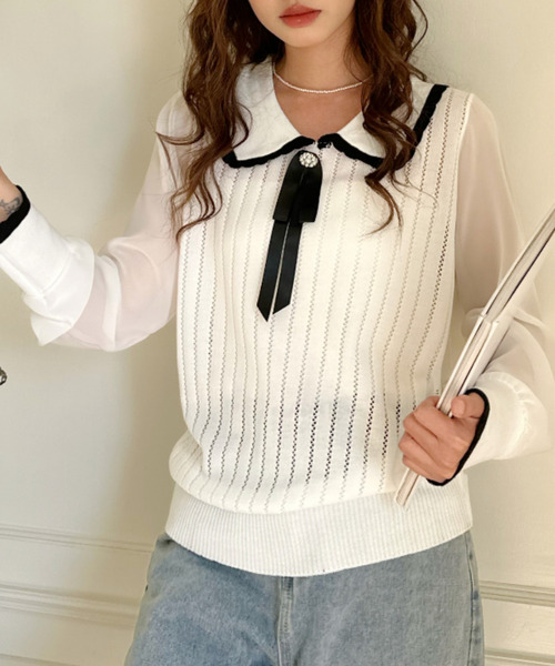 Ada.(エイダ)の「配色襟 レトロ リボン付き ニット トップス(ニット/セーター・レディース・ホワイト/ブラック・FREE)」の8枚目の写真