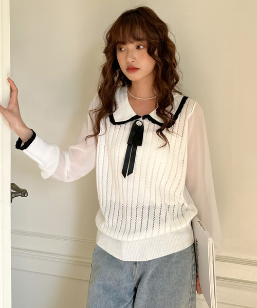 Ada.(エイダ)の「配色襟 レトロ リボン付き ニット トップス(ニット/セーター・レディース・ホワイト/ブラック・FREE)」の13枚目の写真