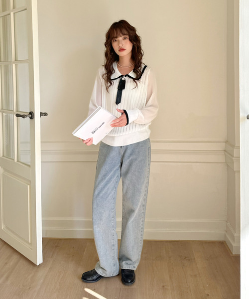 Ada.(エイダ)の「配色襟 レトロ リボン付き ニット トップス(ニット/セーター・レディース・ホワイト/ブラック・FREE)」の7枚目の写真