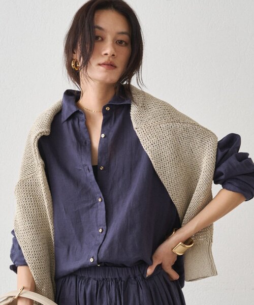 即発送　Loungedress リネンバックタイシャツ  ネイビー リネンバックタイシャツ（シャツ/ブラウス）｜LOUNGEDRESS（ラウンジ